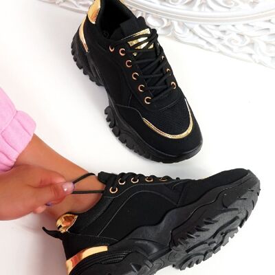 BLACK LACE UP FLAT CHUNKY SIDE DETAIL FASHION TRAINERS SHOES