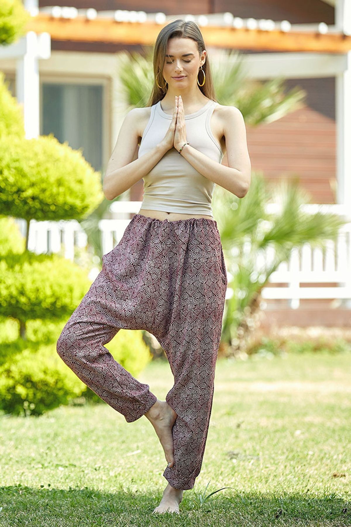 Pantalon bohème à entrejambe bas pour femme imprimé rétro rouge foncé