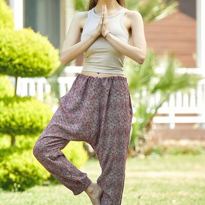 Pantalones con tiro caído bohemios para mujer con estampado retro rojo oscuro