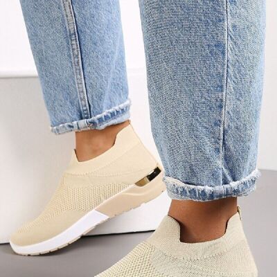 BEIGE SLIP ON GOLD CLIP HEEL DETAIL TRAINERS SHOES