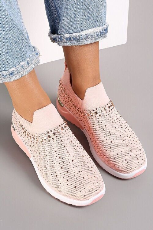 PINK DIAMANTE DETAIL SLIP ON TRAINERS SHOES
