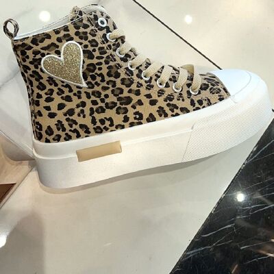 LEOPARD CANVAS HIGH TOP LACE UP SNEAKERS TRAINERS