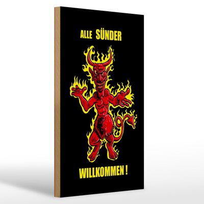 Wooden sign saying 20x30cm All sinners welcome (devil)