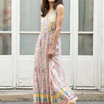 Long dress with floral print, buttoned front and V-neck