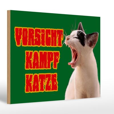 Cartello in legno con scritta 30x20 cm Attenzione gatto combattente verde.