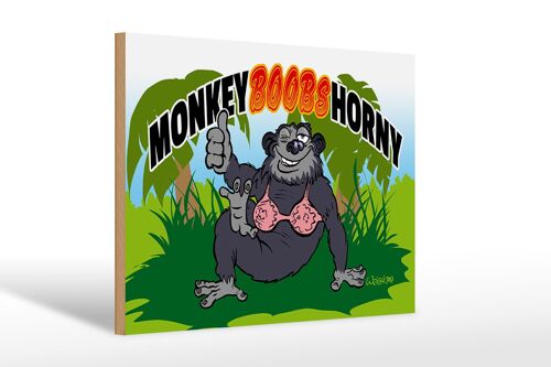 Holzschild Spruch 30x20cm Monkey Boobs Horny Affe im BH
