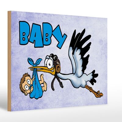 Panneau en bois bébé 30x20cm cigogne amène l'enfant en décoration bleue