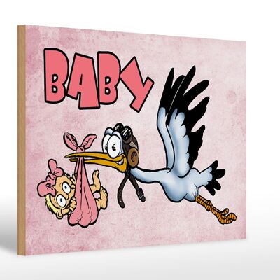 Panneau en bois bébé 30x20cm cigogne apporte enfant décoration rose