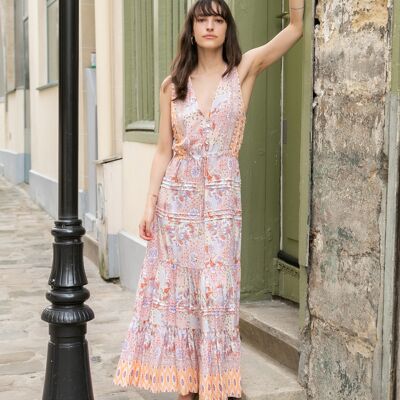 Long dress with floral print, buttoned front and V-neck