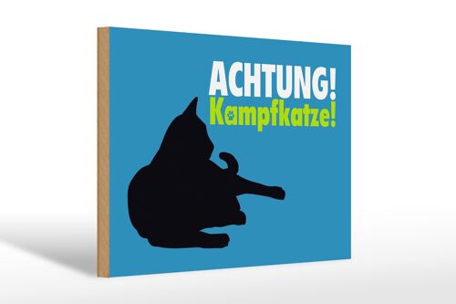 Holzschild Spruch 30x20cm Achtung Kampfkatze Katze blau