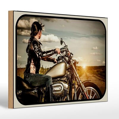 Holzschild Motorrad 30x20cm Frau Girl Sonnenaufgang