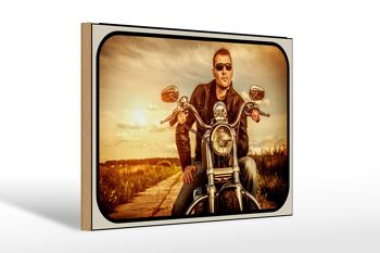 Panneau en bois moto 30x20cm homme homme coucher de soleil 1