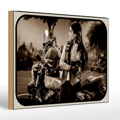 Cartel de madera moto 30x20cm Bike Girl Woman biker Pinup