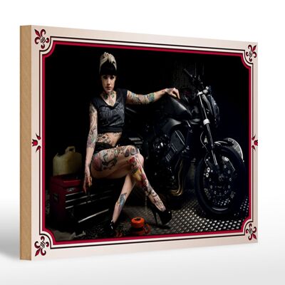 Cartel de madera moto 30x20cm Bike Girl Pinup Woman Tattoo