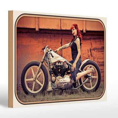 Cartel de madera moto 30x20cm biker chica mujer pin up