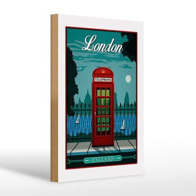 Cartel de madera Londres 20x30cm rojo Teléfono Inglaterra teléfono
