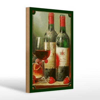 Cartel de madera artístico 20x30cm bodegón vino tinto fresas fruta