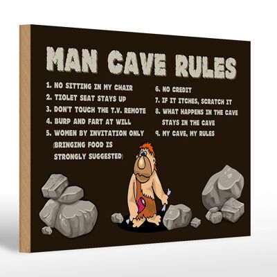 Letrero de madera que dice 30x20cm reglas de las cavernas del hombre reglas de los hombres