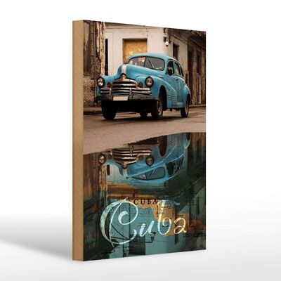 Cartello in legno con scritta 20x30 cm Cuba car blu auto d'epoca