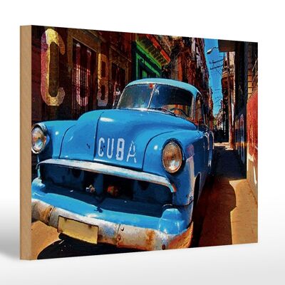 Cartel de madera que dice coche Cuba 30x20cm coche clásico azul