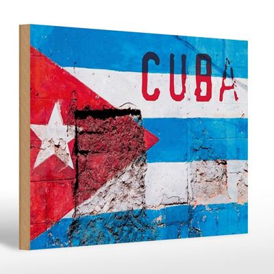 Holzschild Flagge 30x20cm Cuba Fahne auf eine Mauer