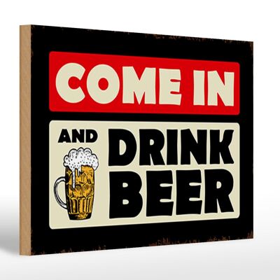 Cartel de madera que dice 30x20cm entra y bebe cerveza.