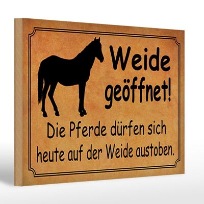 Letrero de madera que dice que se permiten caballos abiertos en pastos de 30x20 cm.