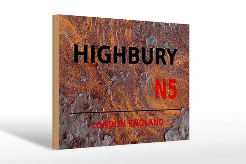 Holzschild London 30x20cm England Highbury N5 Rost