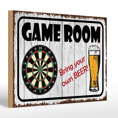 Letrero de madera que dice Sala de juegos de dardos 30x20cm trae tu cerveza