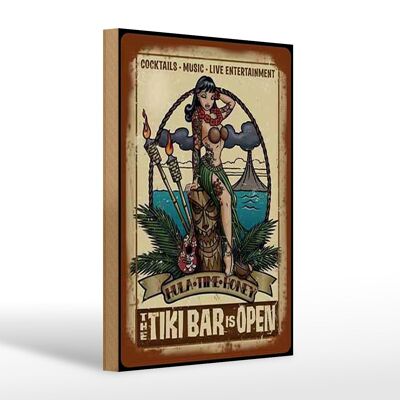 Cartel de madera Pin Up 20x30cm TIKI Bar is Open Cocktail Music
