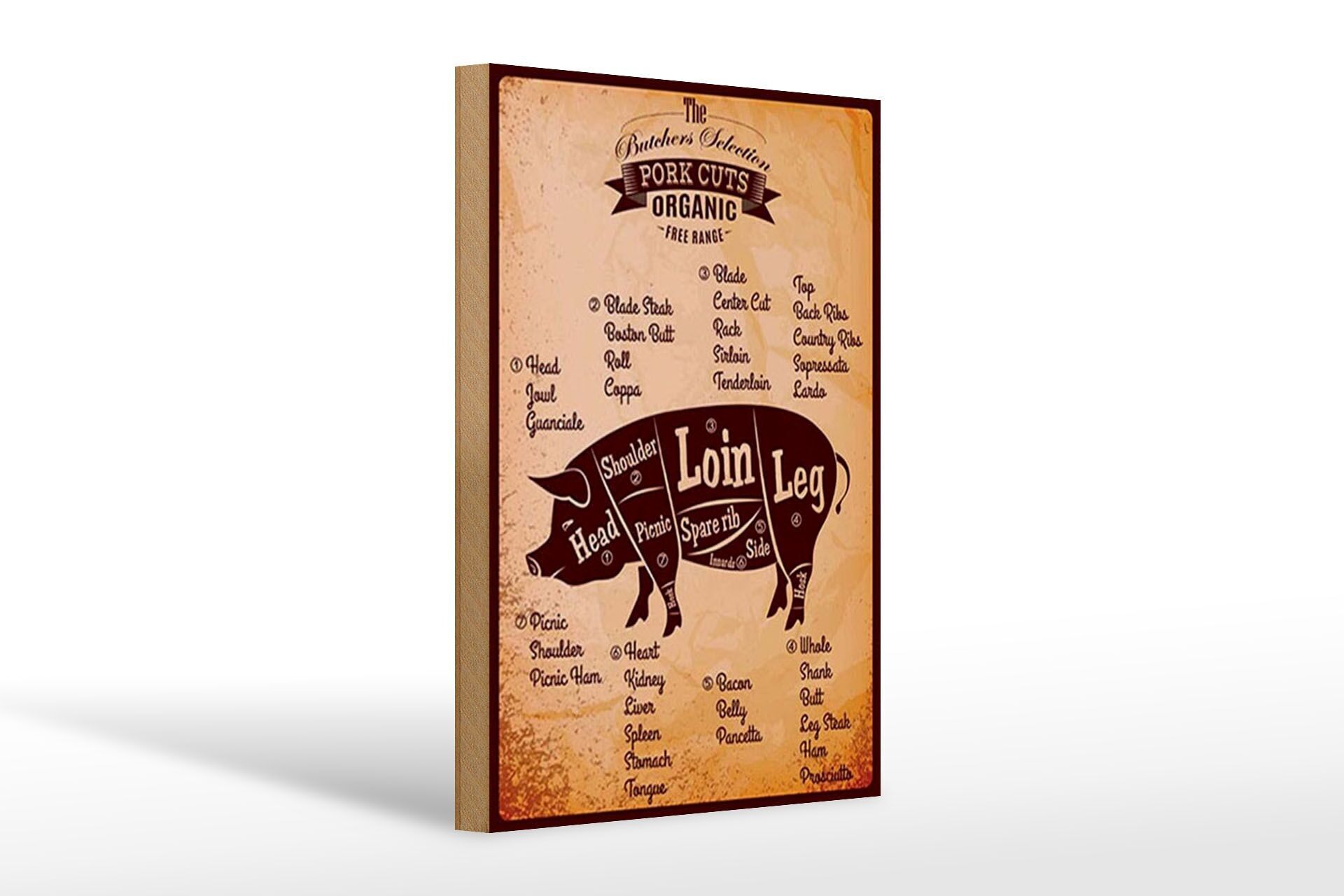 Letrero de madera carnicero 20x30cm Cortes de cerdo Cerdo ecológico libre