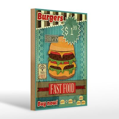 Holzschild Essen 20x30cm fast food Burgers buy now wifi