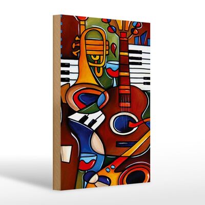 Panneau en bois art 20x30cm, instruments de musique, guitare, piano