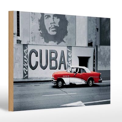 Cartello in legno con scritta 30x20 cm Cuba Guevara auto rossa auto d'epoca