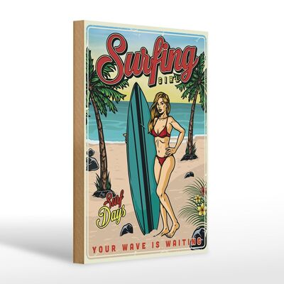 Cartel de madera retro 20x30cm Pin Up Surfing Girl Summer Party