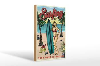 Panneau en bois rétro 20x30cm Pin Up Surfing Girl Summer Party 1