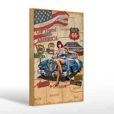 Cartello in legno retrò 20x30 cm Pinup Car Viaggio attraverso l'America