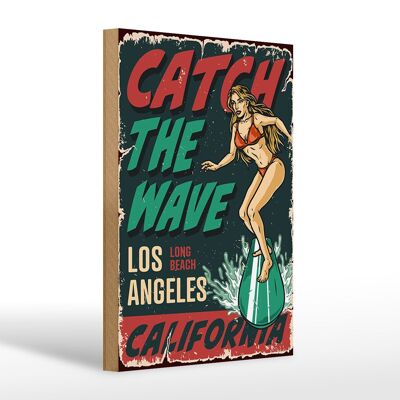 Cartello in legno Pinup 20x30 cm Surfing Girl Los Angeles Summer