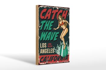 Panneau en bois Pinup 20x30cm Surfing Girl Los Angeles Summer 1