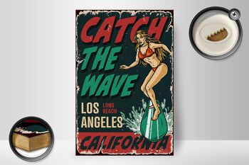 Panneau en bois Pinup 20x30cm Surfing Girl Los Angeles Summer 2