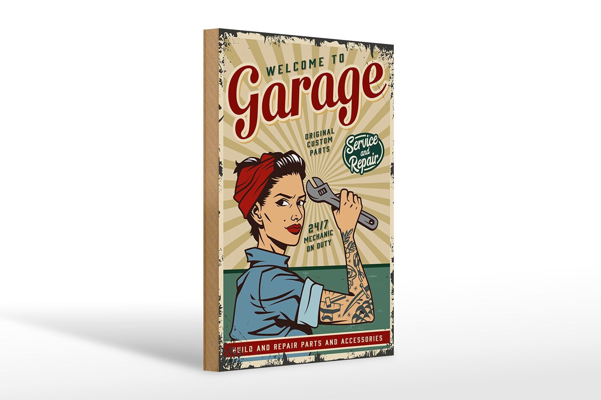 Cartello in legno retrò 20x30 cm Pinup benvenuto Servizio garage 24 ore su 24, 7 giorni su 7