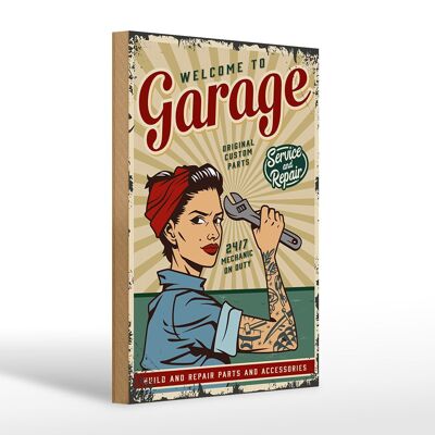 Cartello in legno retrò 20x30 cm Pinup benvenuto Servizio garage 24 ore su 24, 7 giorni su 7