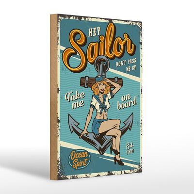 Cartel de madera retro 20x30cm Pinup hey Sailor Ocean Spirit Ver