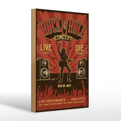 Cartel de madera retro 20x30cm Concierto de Rock&Roll en vivo 9 de julio