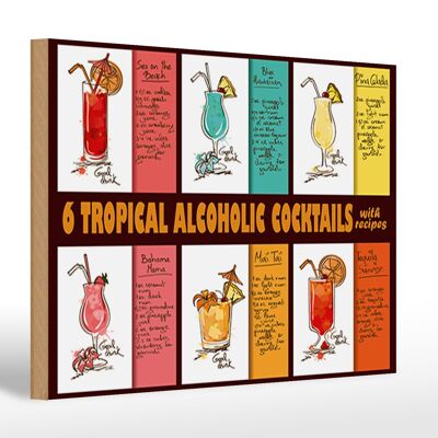 Holzschild 30x20cm 6 tropical cocktails recipes