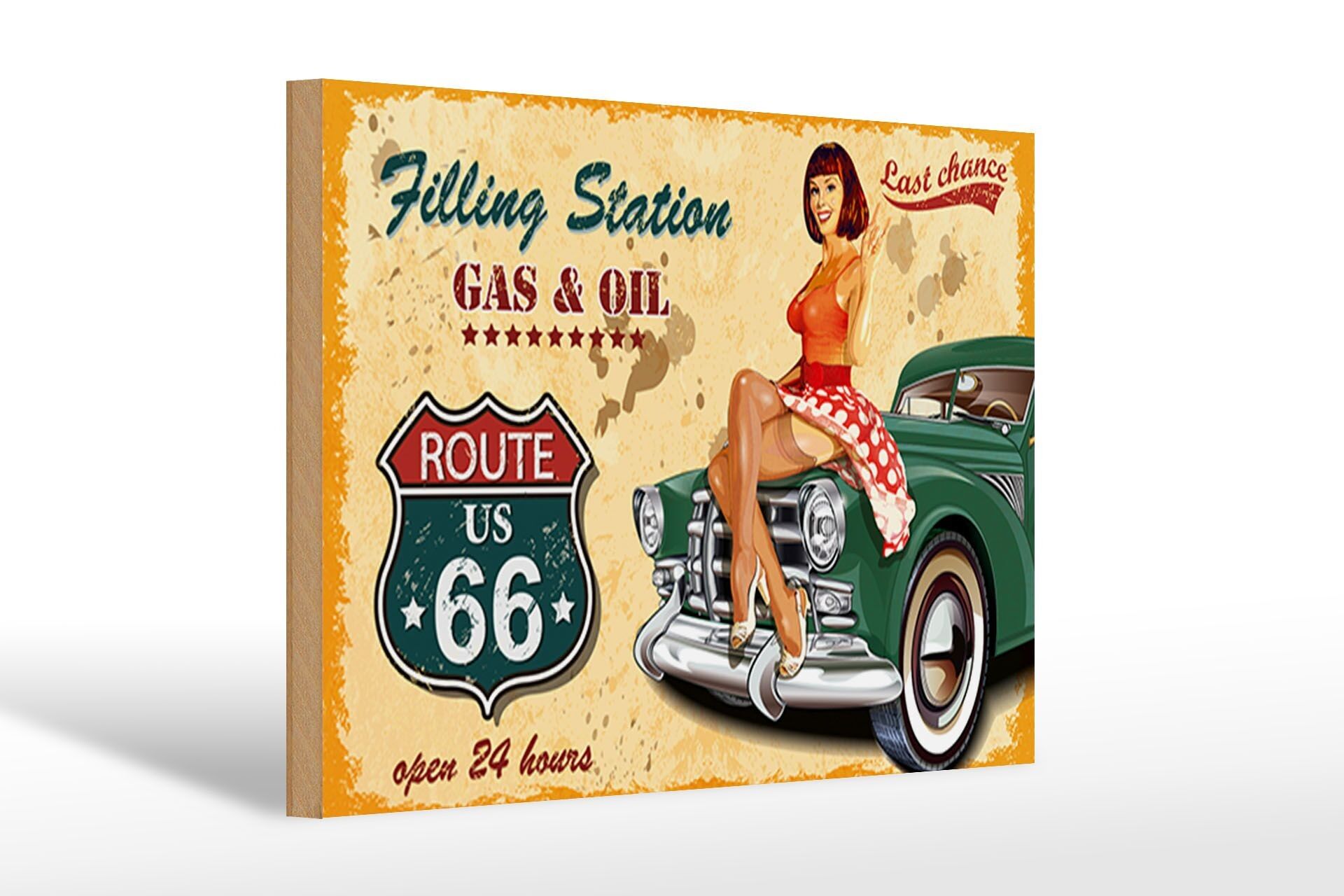 Cartello in legno Pinup 30x20 cm Retro Gas Oil aperto 24 ore