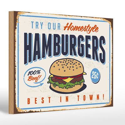 Cartel de madera retro 30x20cm hamburguesas mejores de la ciudad