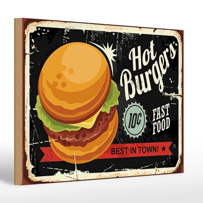 Cartel de madera retro 30x20cm hamburguesas calientes las mejores de la ciudad