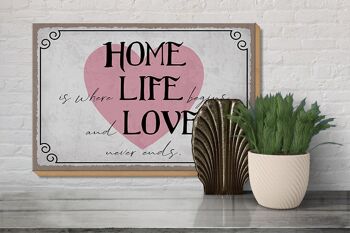 Panneau en bois disant 30x20cm Home Life Love Never Ends 3