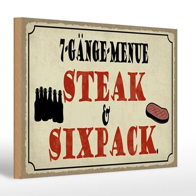 Panneau en bois indiquant 30x20cm menu 7 plats steak sixpack grill